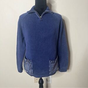 PBJ Blues Women’s Vintage Denim Blue 1/4 Zip‎ Denim Pockets Elbow Sweater Sz M